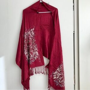 Embellished Wine Red Shawl with Silver Floral Design
